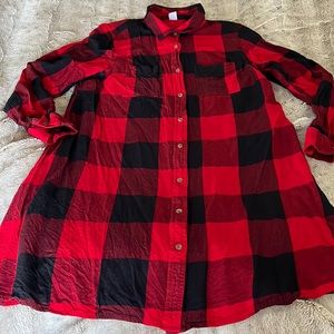 Buffalo plaid long button down shirt M fit & flare red & black slinky rayon ON